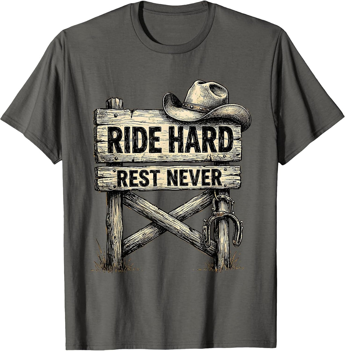 Ride Hard Rest Never Cowboy Graphic Design T-Shirt - Asphalt Grey
