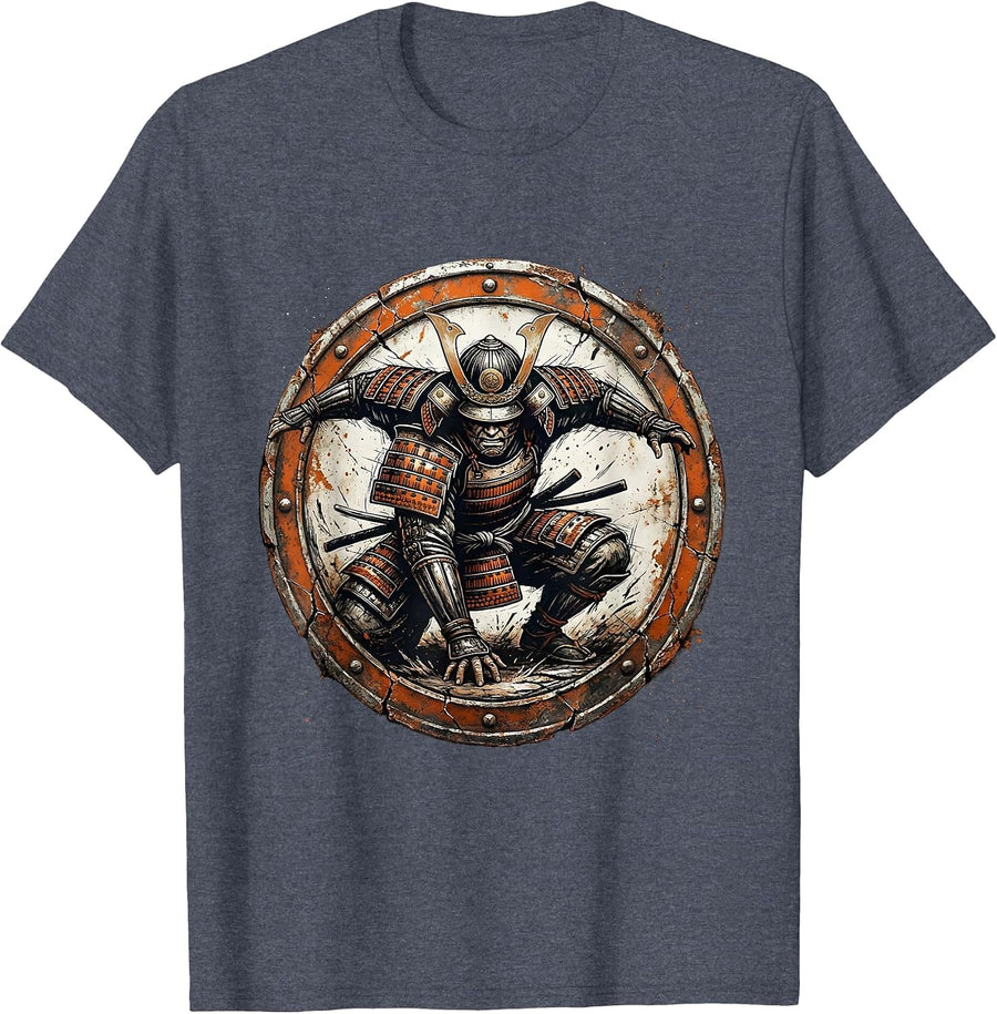 Samurai Rugby Warrior Crouching Tackle Graphic T-Shirt - Heather Blue