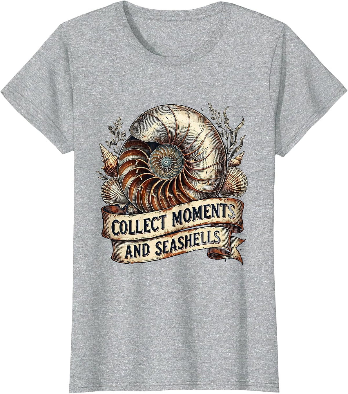 Collect Moments and Seashells Beach Design T-Shirt - Heather Grey