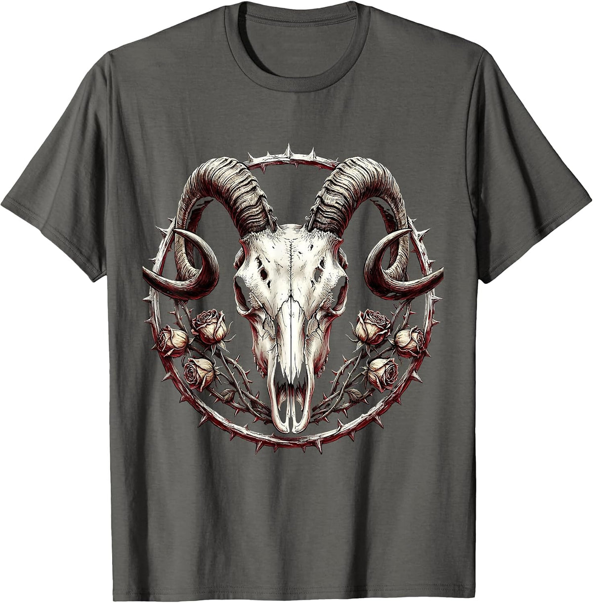 Goat Skull Dead Roses Death Metal Graphic T-Shirt - Asphalt Grey