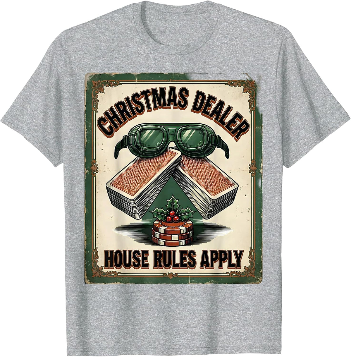Men's Christmas Dealer House Rules Apply Vintage Poker Humor T-Shirt - Heather Grey