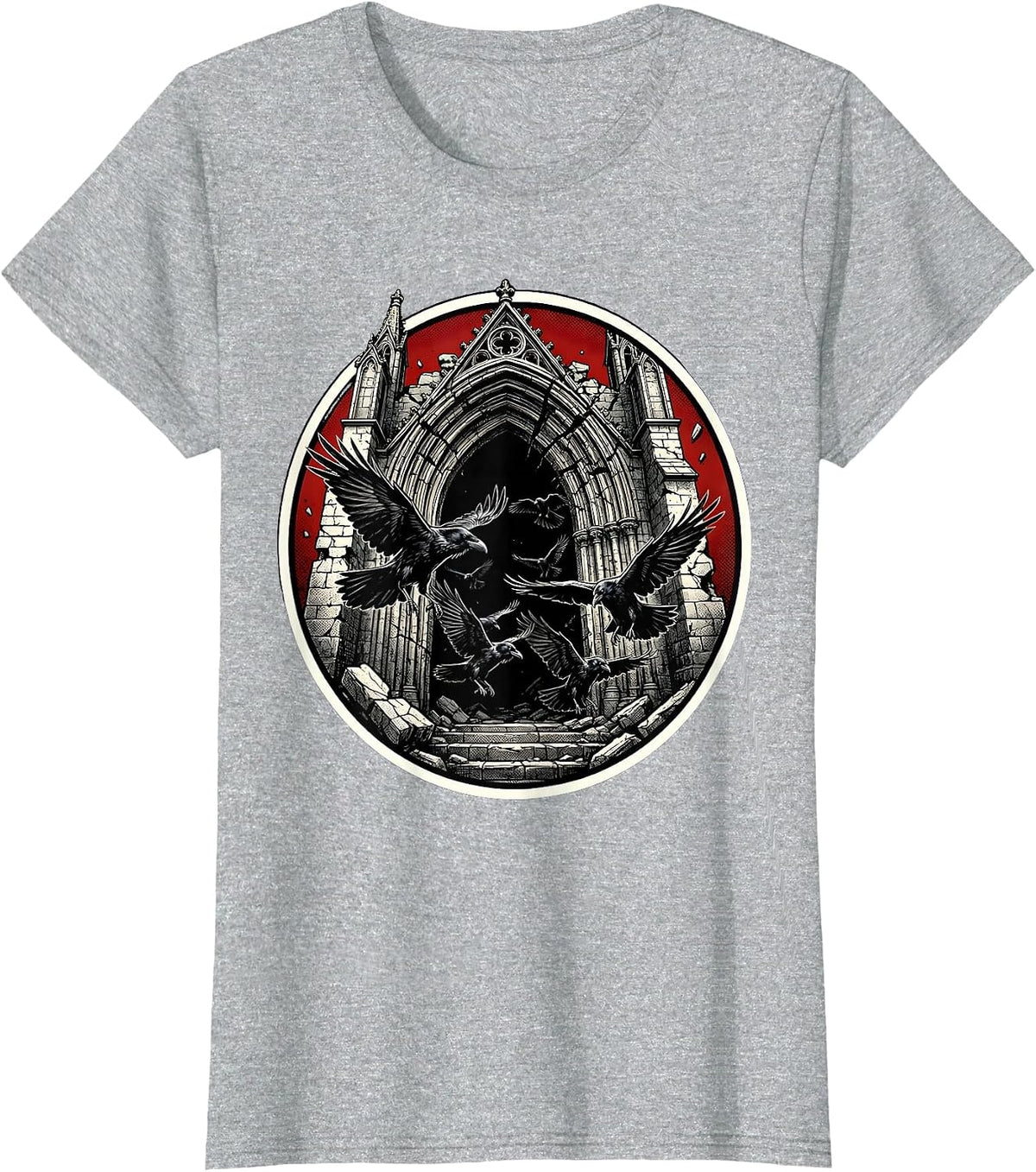 Crumbling Cathedral Ravens Heavy Metal Gothic Design T-Shirt - Heather Grey