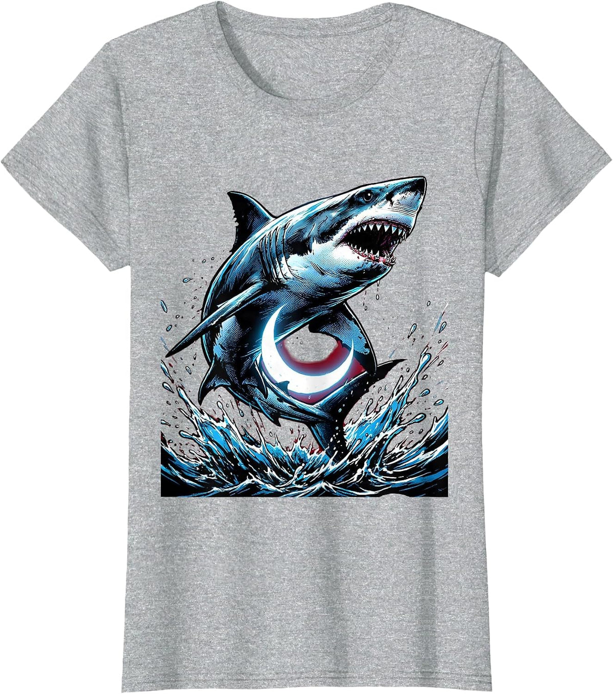 Women's Shark Leaping Over Crescent Moon Graphic T-Shirt - Heather Grey