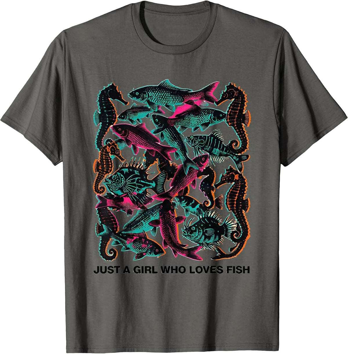 Just A Girl Who Loves Fish Risograph Animal Lover Humor T-Shirt - Asphalt Grey