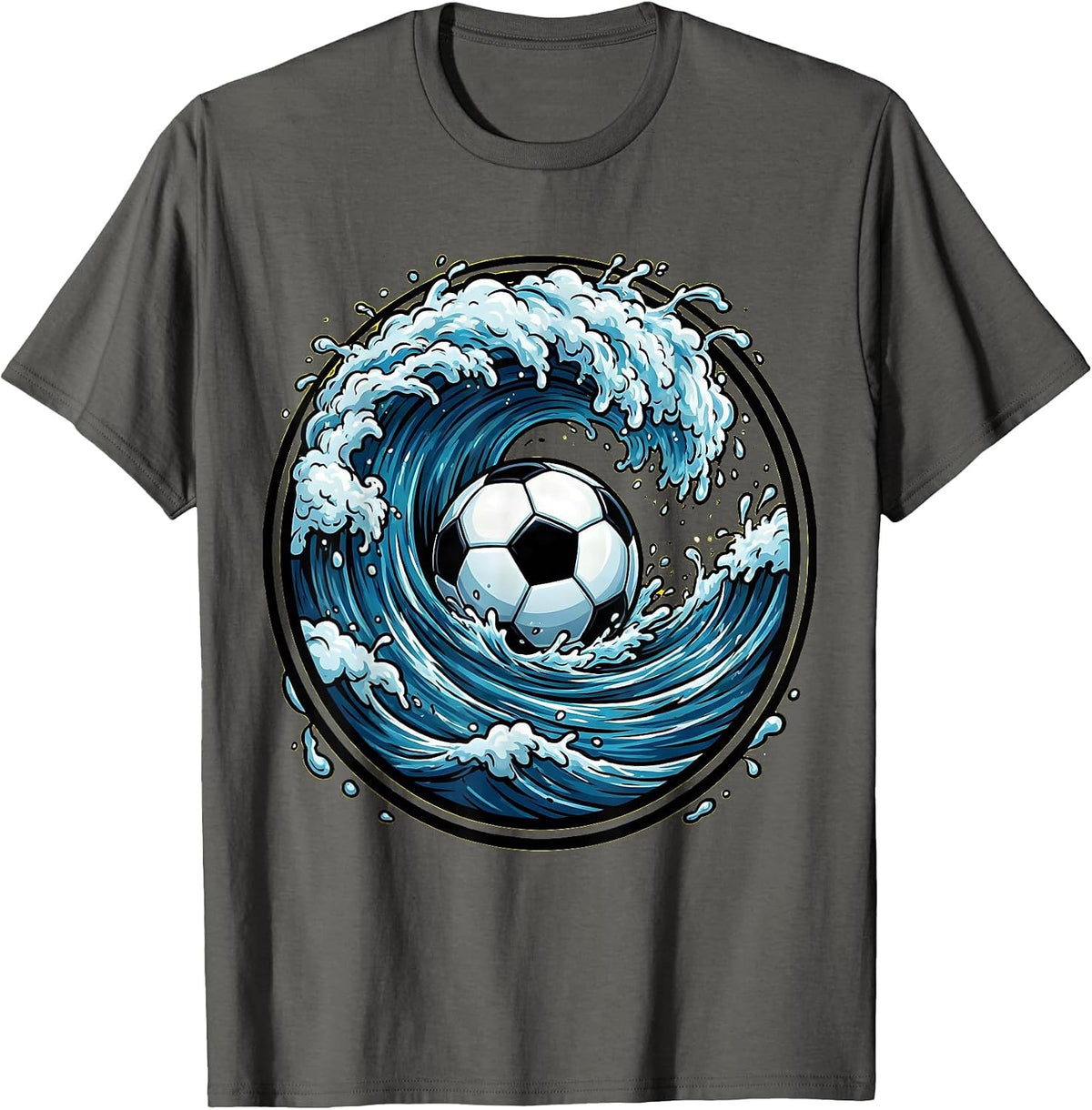 Giant Wave Curling Around Soccer Ball Art T-Shirt - Asphalt Grey