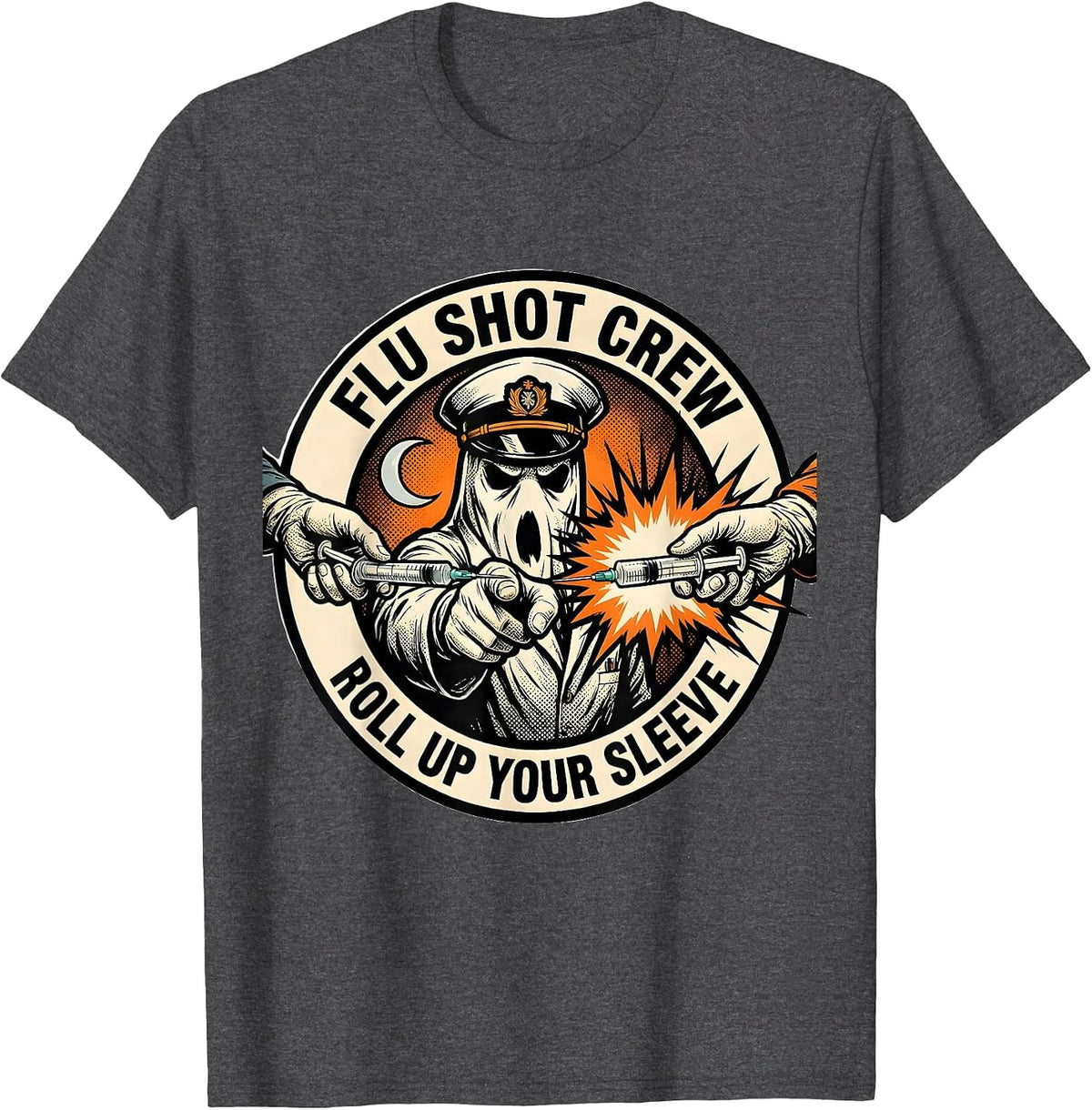 Men's Flu Shot Crew Roll Up Your Sleeve Funny Nurse Ghost T-Shirt - Dark Heather Grey