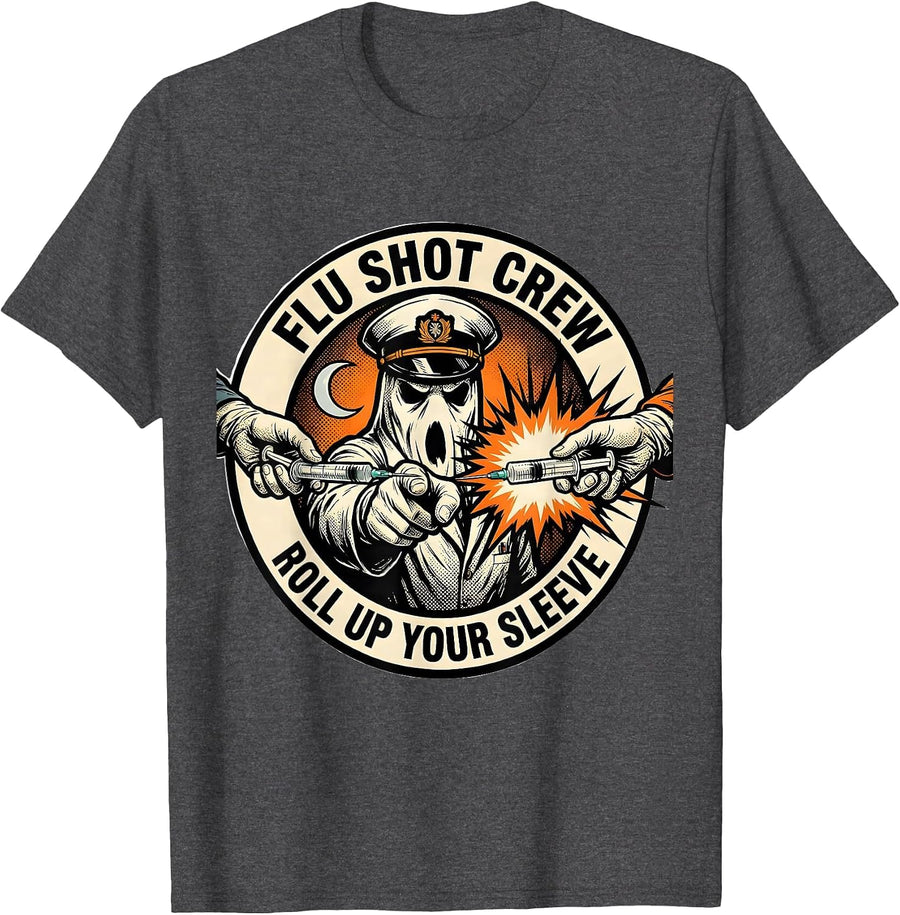 Men's Flu Shot Crew Roll Up Your Sleeve Funny Nurse Ghost T-Shirt - Dark Heather Grey