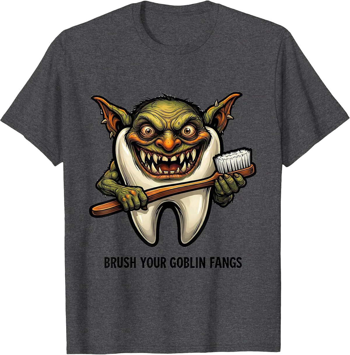 Men's Brush Your Goblin Fangs Funny Dentist Halloween Dental T-Shirt - Dark Heather Grey