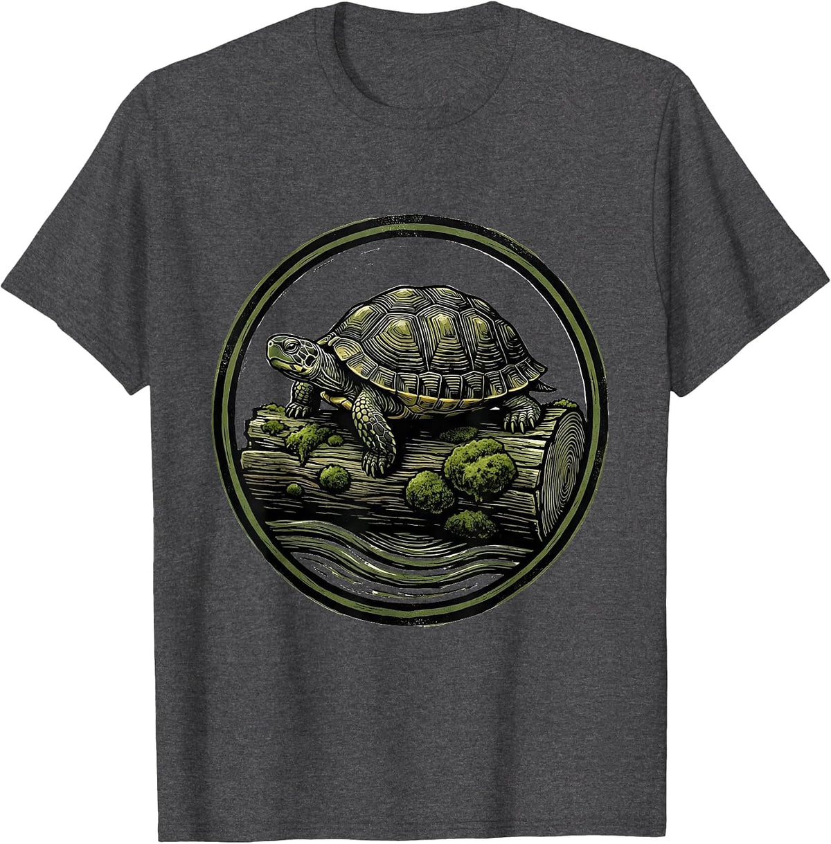 Turtle on Mossy Log Nature Wildlife Illustration T-Shirt - Dark Heather Grey