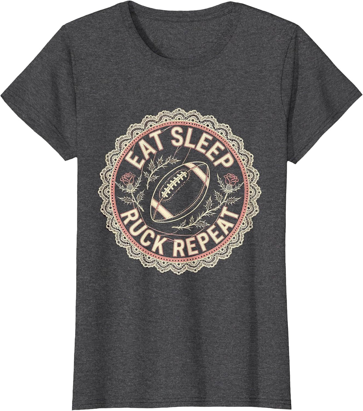 Women's Eat Sleep Ruck Repeat Rugby Graphic Design T-Shirt - Dark Heather Grey