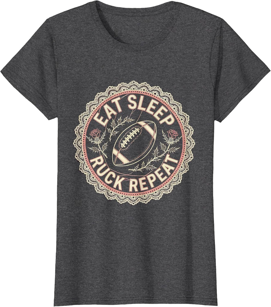 Women's Eat Sleep Ruck Repeat Rugby Graphic Design T-Shirt - Dark Heather Grey