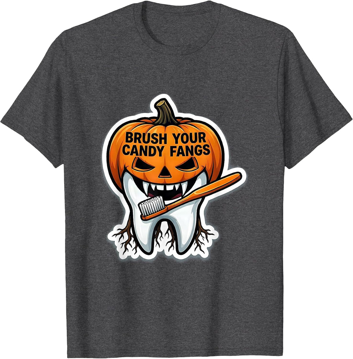 Men's Brush Your Candy Fangs Funny Dentist Halloween Dental Pun T-Shirt - Dark Heather Grey