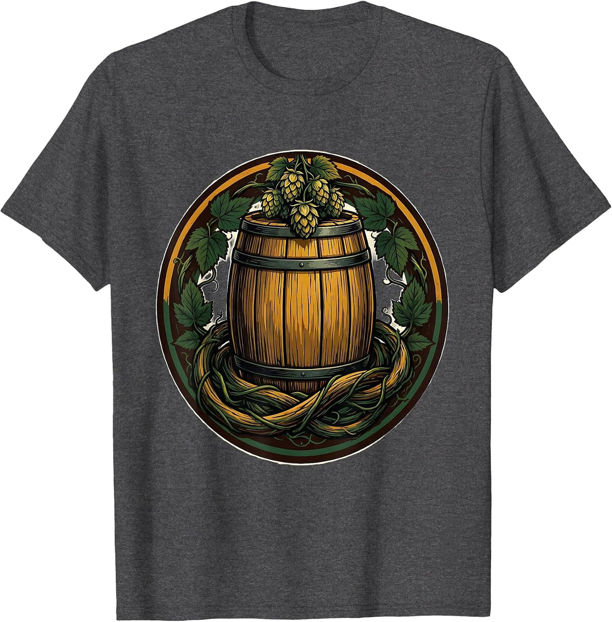 Men's Hop Vines and Barrel Craft Beer Illustration T-Shirt - Dark Heather Grey
