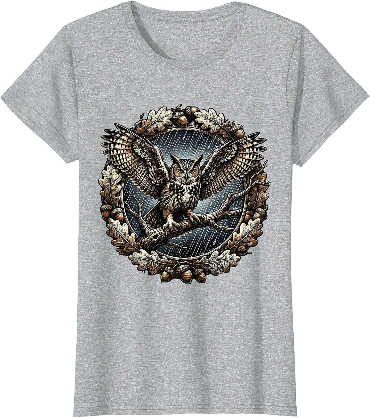 Women's Owl in the Rain Autumn Nature Illustration T-Shirt - Heather Grey