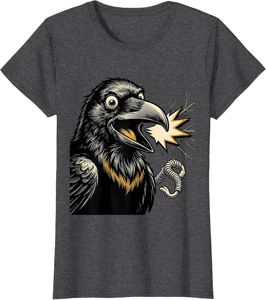 Women's Oversized Crow Retro Cartoon Bird Lover Dark Humor T-Shirt - Dark Heather Grey