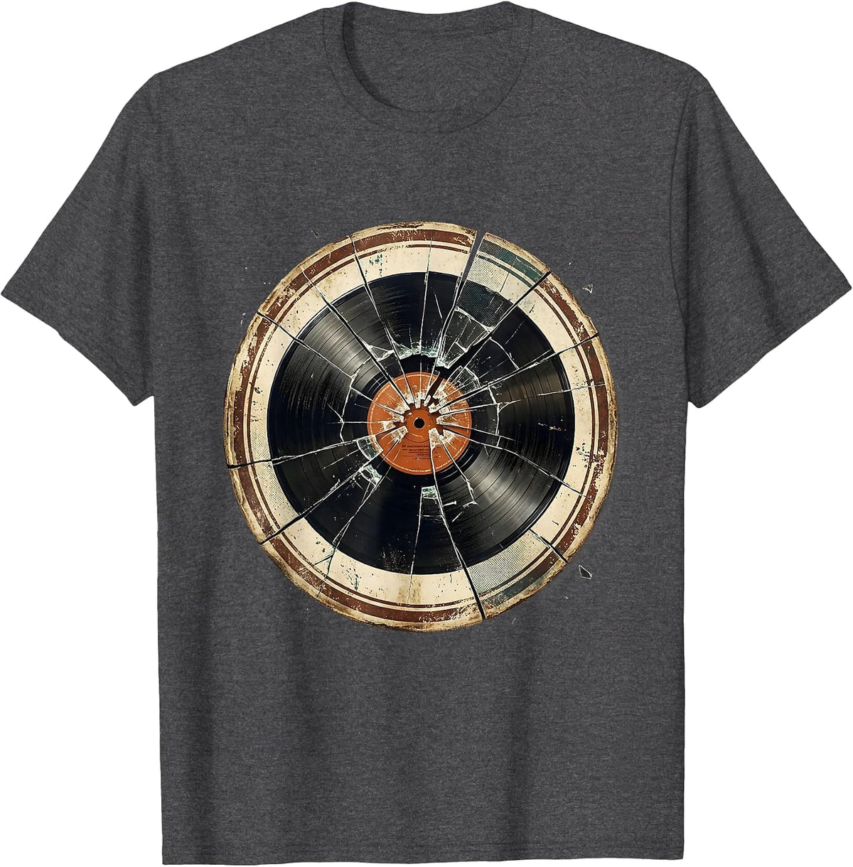 Broken Record Grunge Shattered Vinyl Art T-Shirt - Dark Heather Grey
