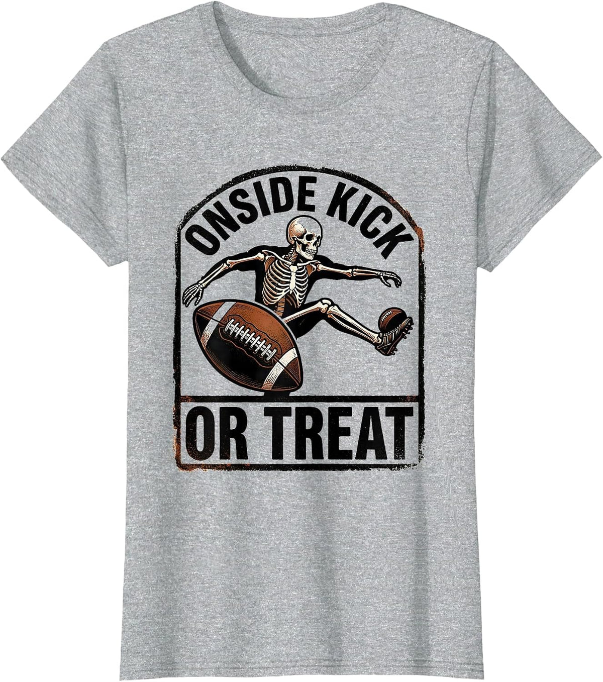 Women's Onside Kick Or Treat Rubber Stamp Skeleton Football T-Shirt - Heather Grey