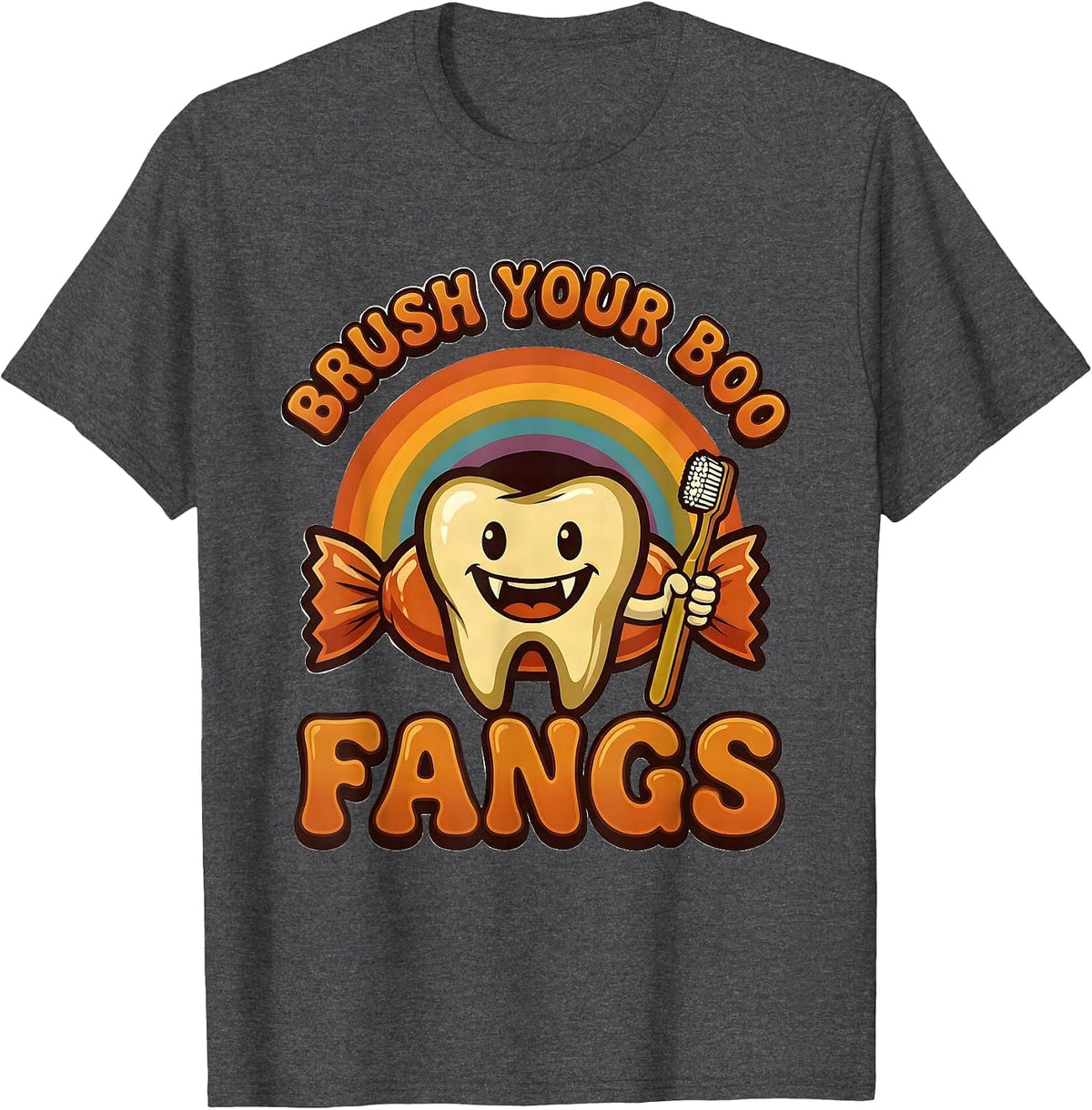 Brush Your Boo Fangs Retro 70s Dental Halloween Dentist Pun T-Shirt - Dark Heather Grey