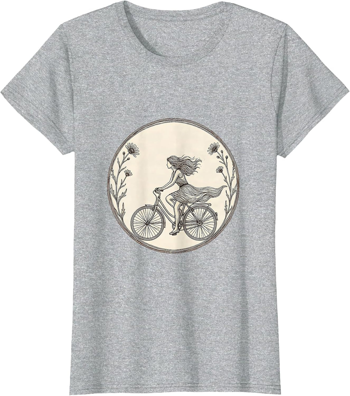 Women's Bicycle Freedom Flower Road Graphic Tee T-Shirt - Heather Grey