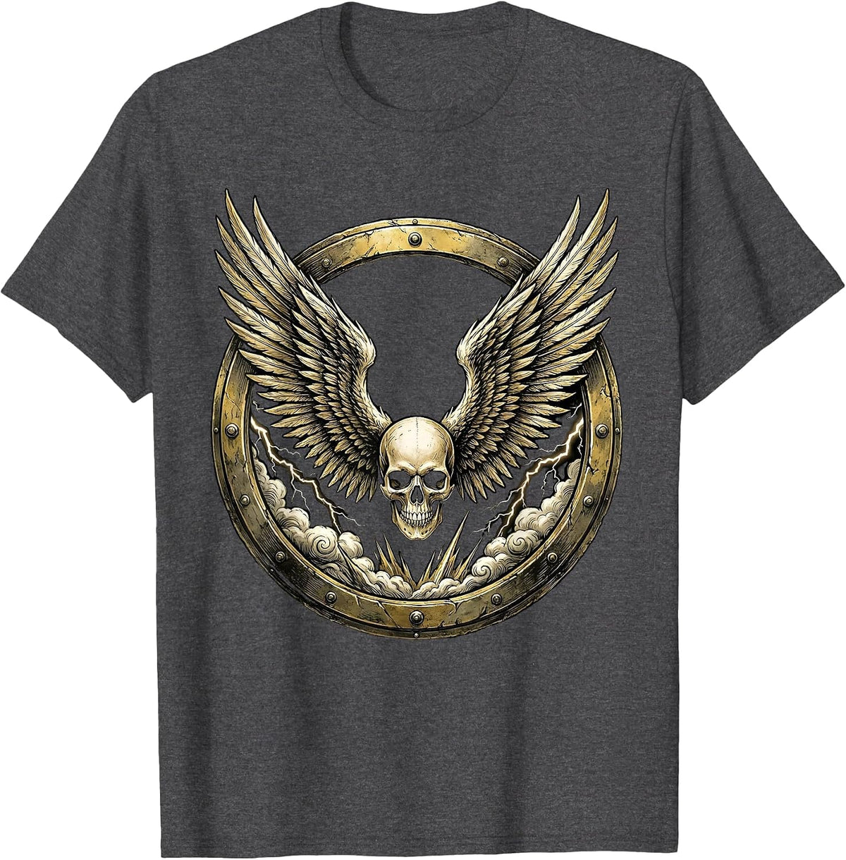 Winged Skull Storm Clouds Heavy Metal Graphic T-Shirt - Dark Heather Grey
