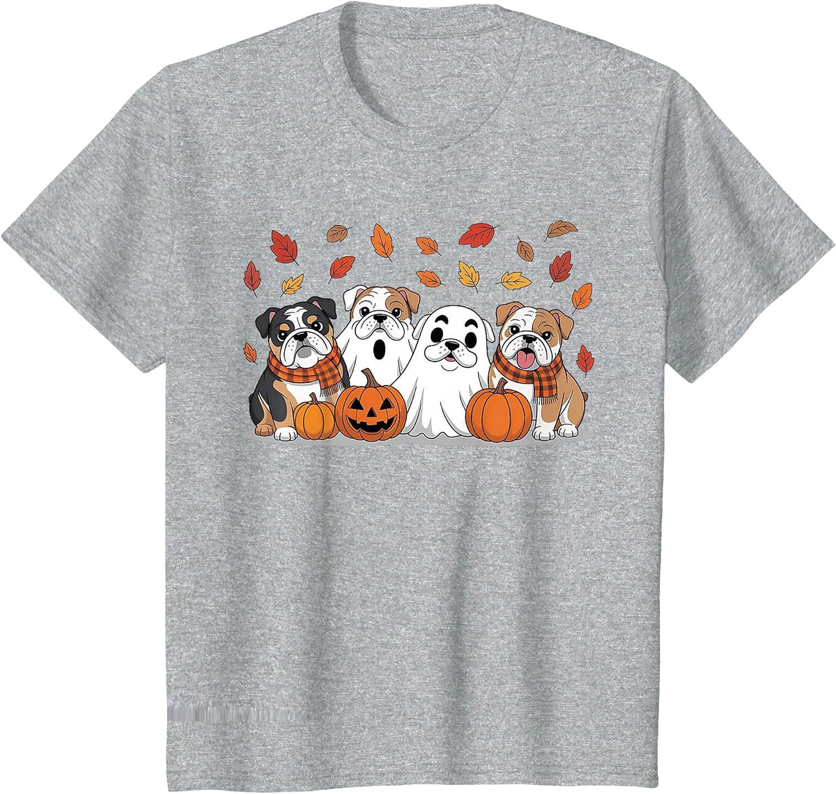 English Bulldog Ghost Fall Autumn Thanksgiving Halloween T-Shirt - Heather Grey