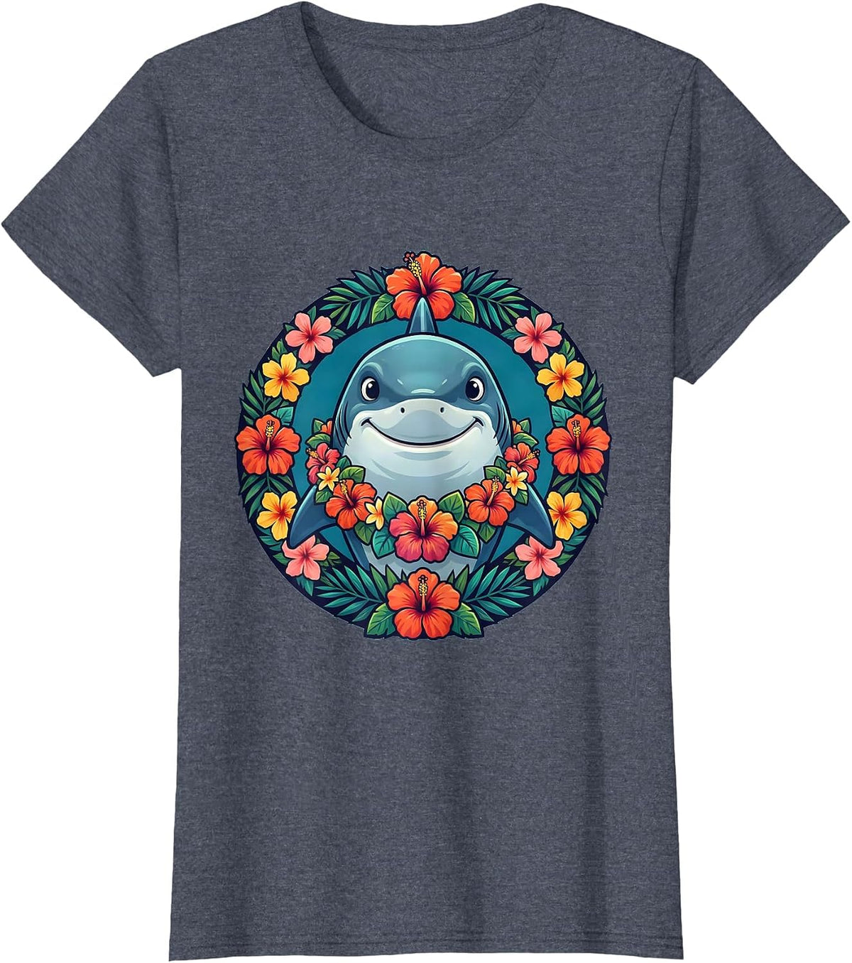 Women's Cute Shark Floral Lei Hawaiian Graphic Tee T-Shirt - Heather Blue