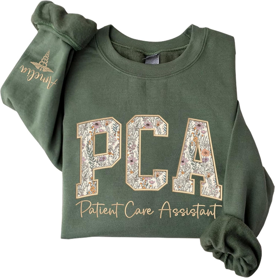 Custom Embroidered Patient Care Assistant Sweatshirt, Personalized Floral Appliqué PCA Shirt with Name, Healthcare Worker