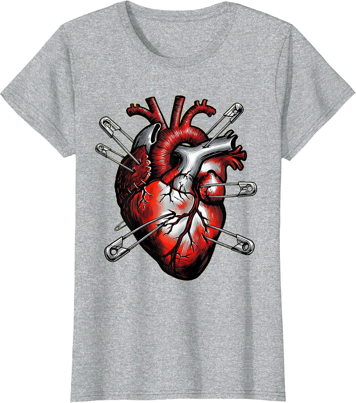 Punk Rock Safety Pin Stitched Heart Graphic T-Shirt - Heather Grey