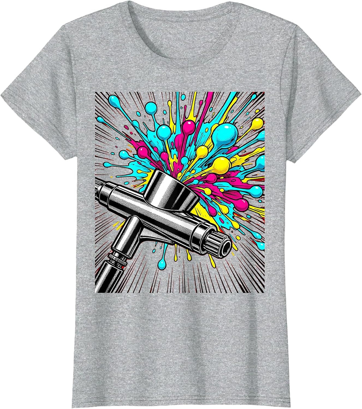 Airbrush Nozzle Close-Up Color Droplets Graphic T-Shirt - Heather Grey