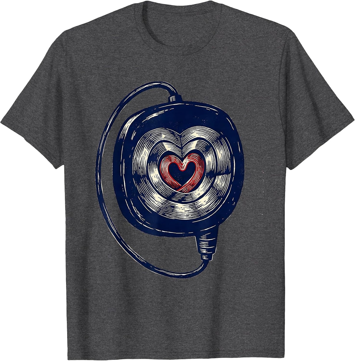 Oversized Fetal Monitor Transducer Heart Linocut Nurse T-Shirt - Dark Heather Grey