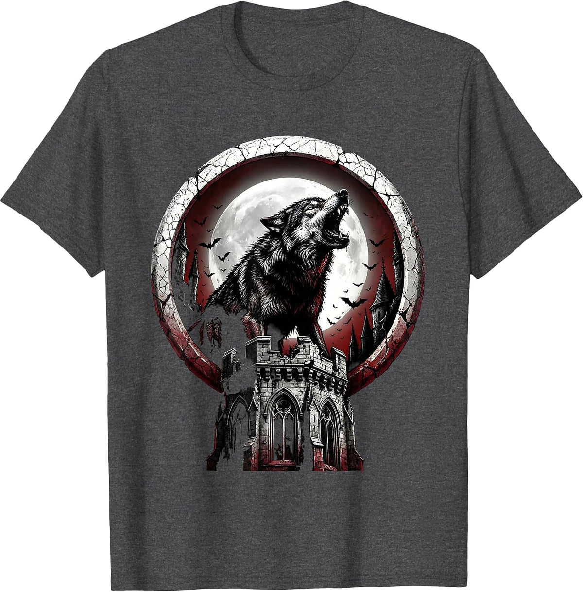Wolf Howling Castle Heavy Metal Graphic T-Shirt - Dark Heather Grey