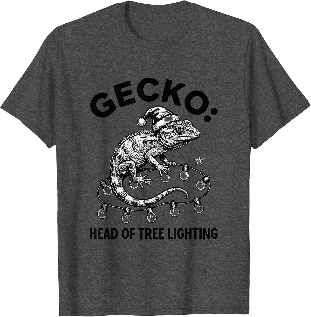 Gecko Head Of Tree Lighting Funny Animal Christmas Lights T-Shirt - Dark Heather Grey