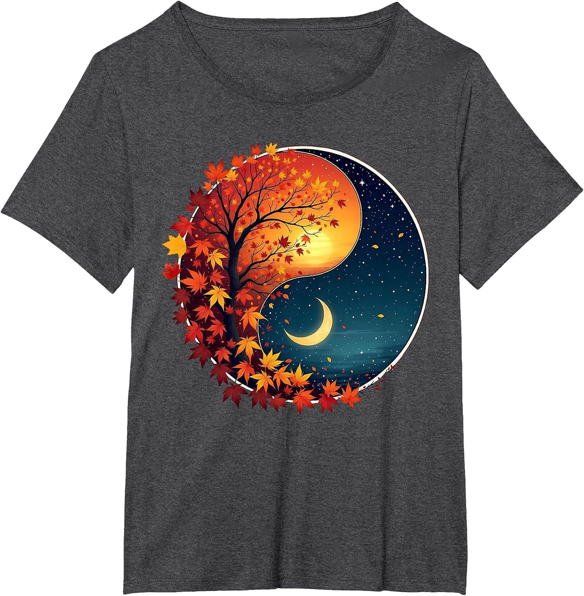 Vintage Celestial Sun Moon Fall Leaf Autumn Equinox Witch T-Shirt - Dark Heather Grey