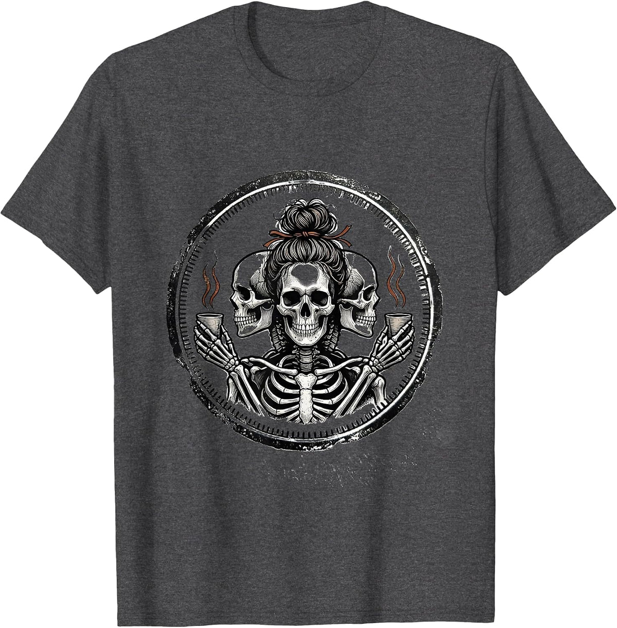 Messy Bun Skeleton Coffee Rubber Stamp Humor T-Shirt - Dark Heather Grey