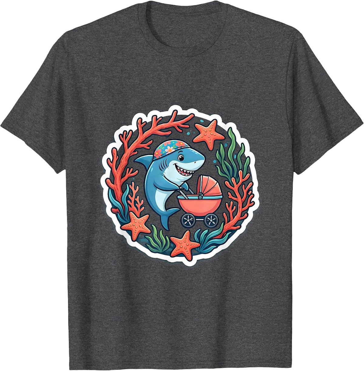 Mommy Shark Stroller Coral Reef Illustration T-Shirt - Dark Heather Grey
