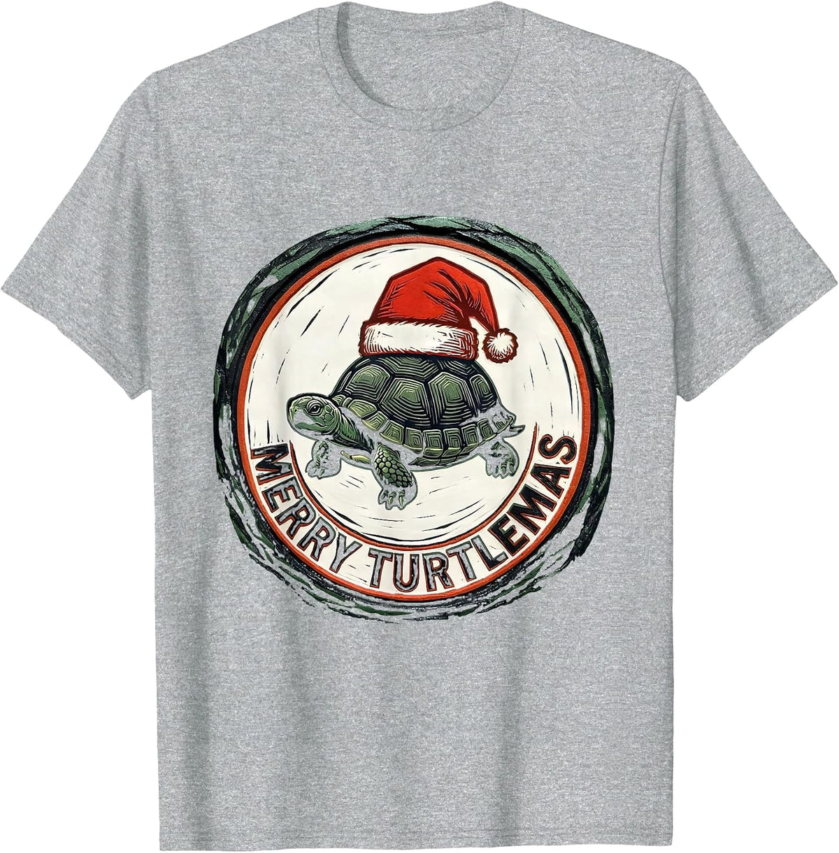 Men's Merry Turtlemas Linocut Funny Turtle Lover Christmas T-Shirt - Heather Grey