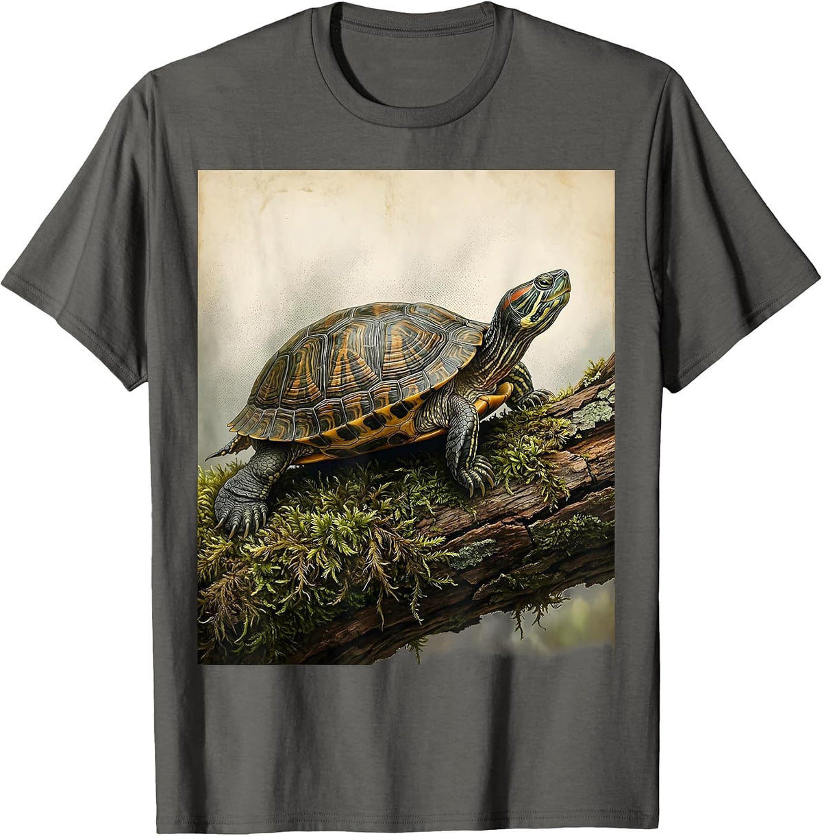Men's Turtle on Mossy Log Foggy Nature Illustration T-Shirt - Asphalt Grey