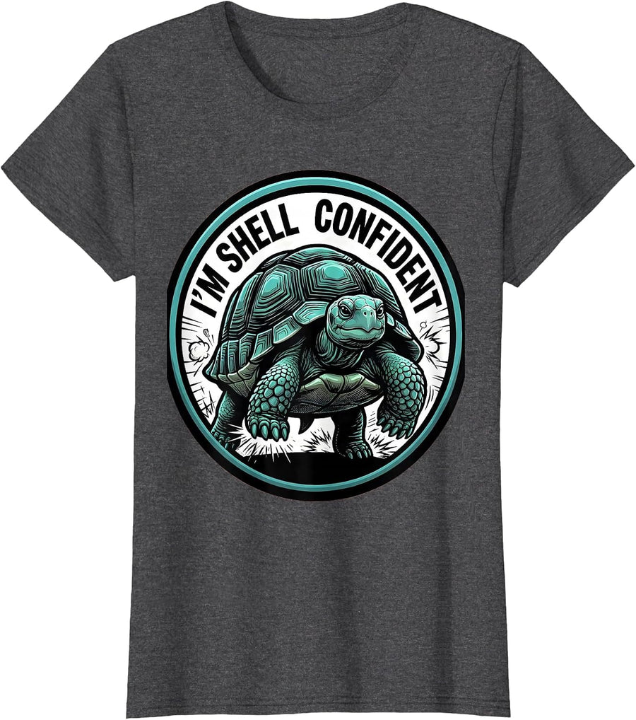 Women's I'm Shell Confident Comic Book Funny Turtle Lover Pet Owner T-Shirt - Dark Heather Grey