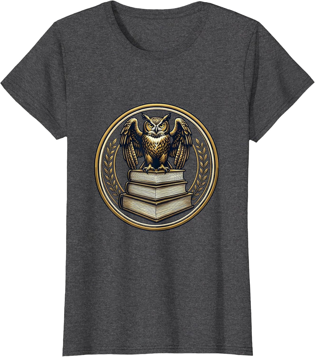 Women's Wise Owl on Stacked Books Illustration T-Shirt - Dark Heather Grey