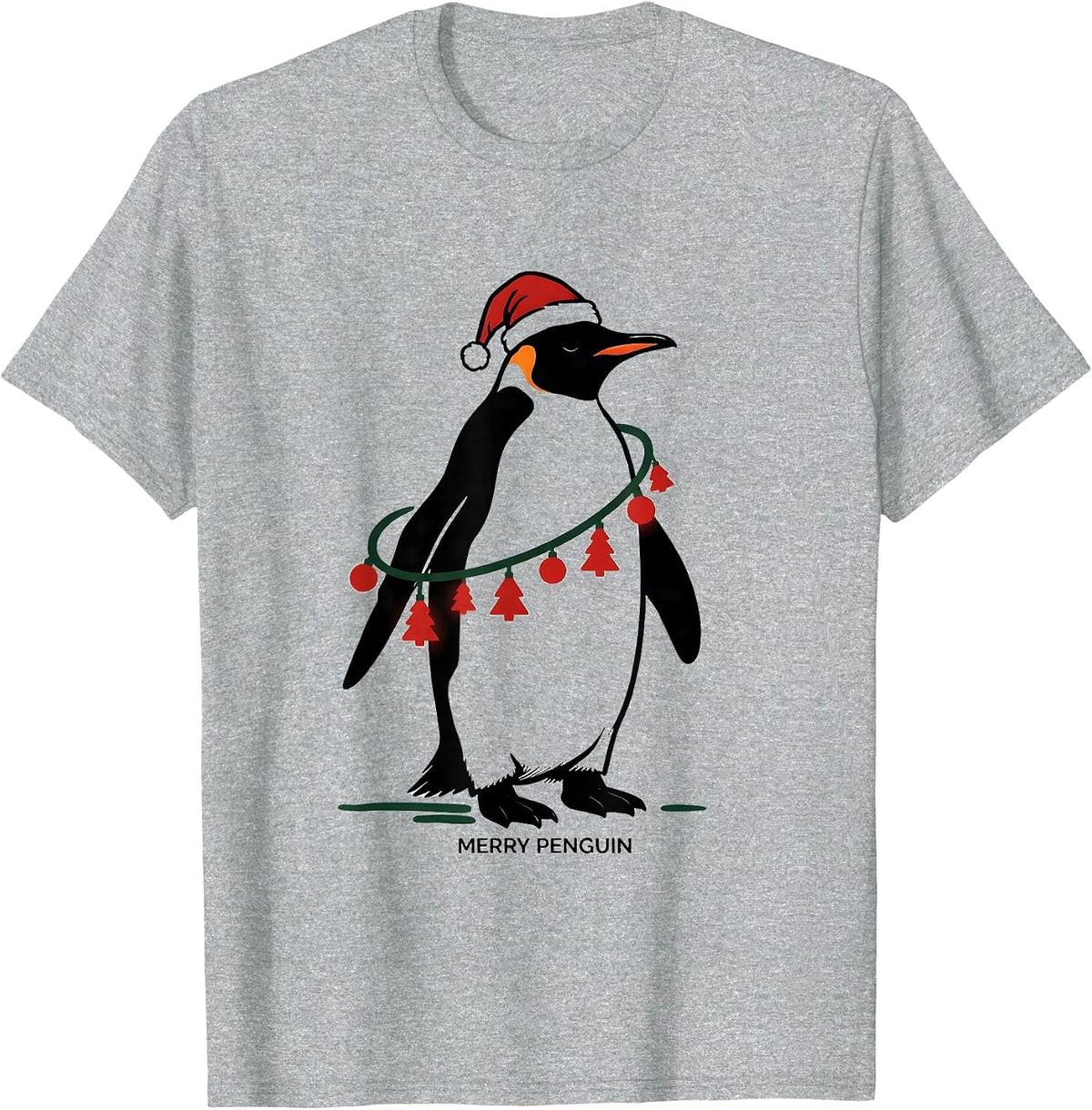 Men's Merry Penguin Funny Penguin Christmas Graphics Animal Lights T-Shirt - Heather Grey