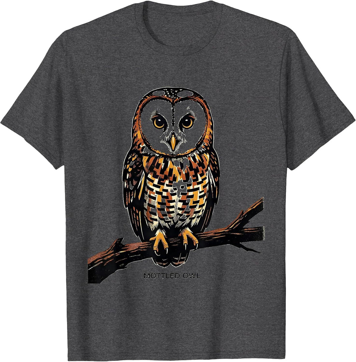 Men's Mottled Owl Screenprint Vintage Bird Lover Nature Art T-Shirt - Dark Heather Grey