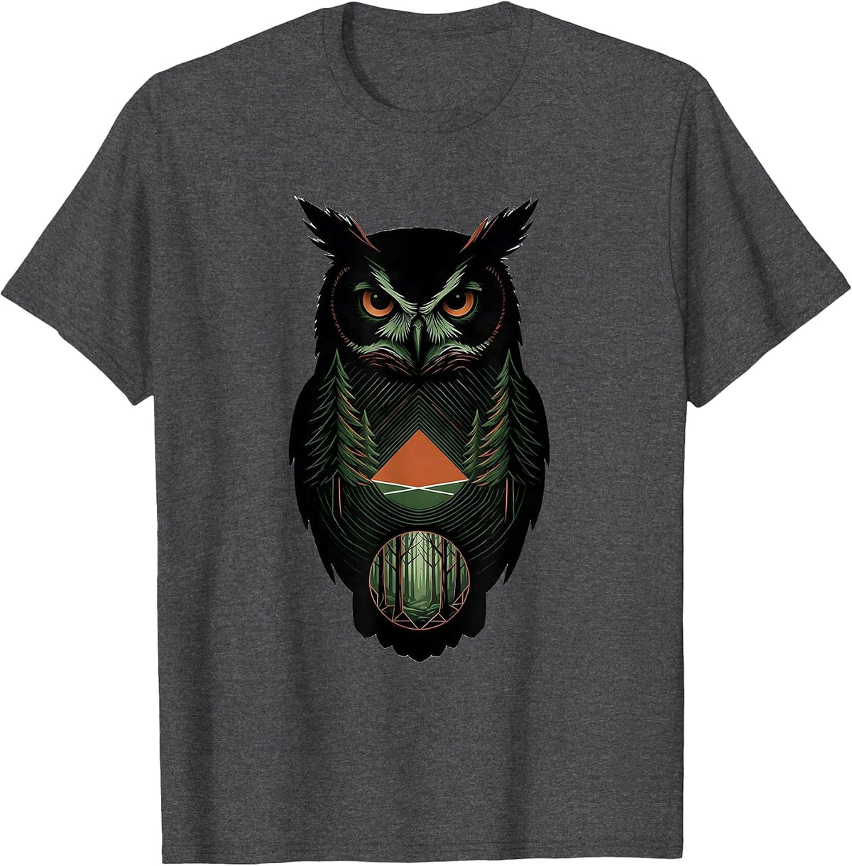 Men's Solid Owl Geometric Forest Retro Nature Wildlife T-Shirt - Dark Heather Grey