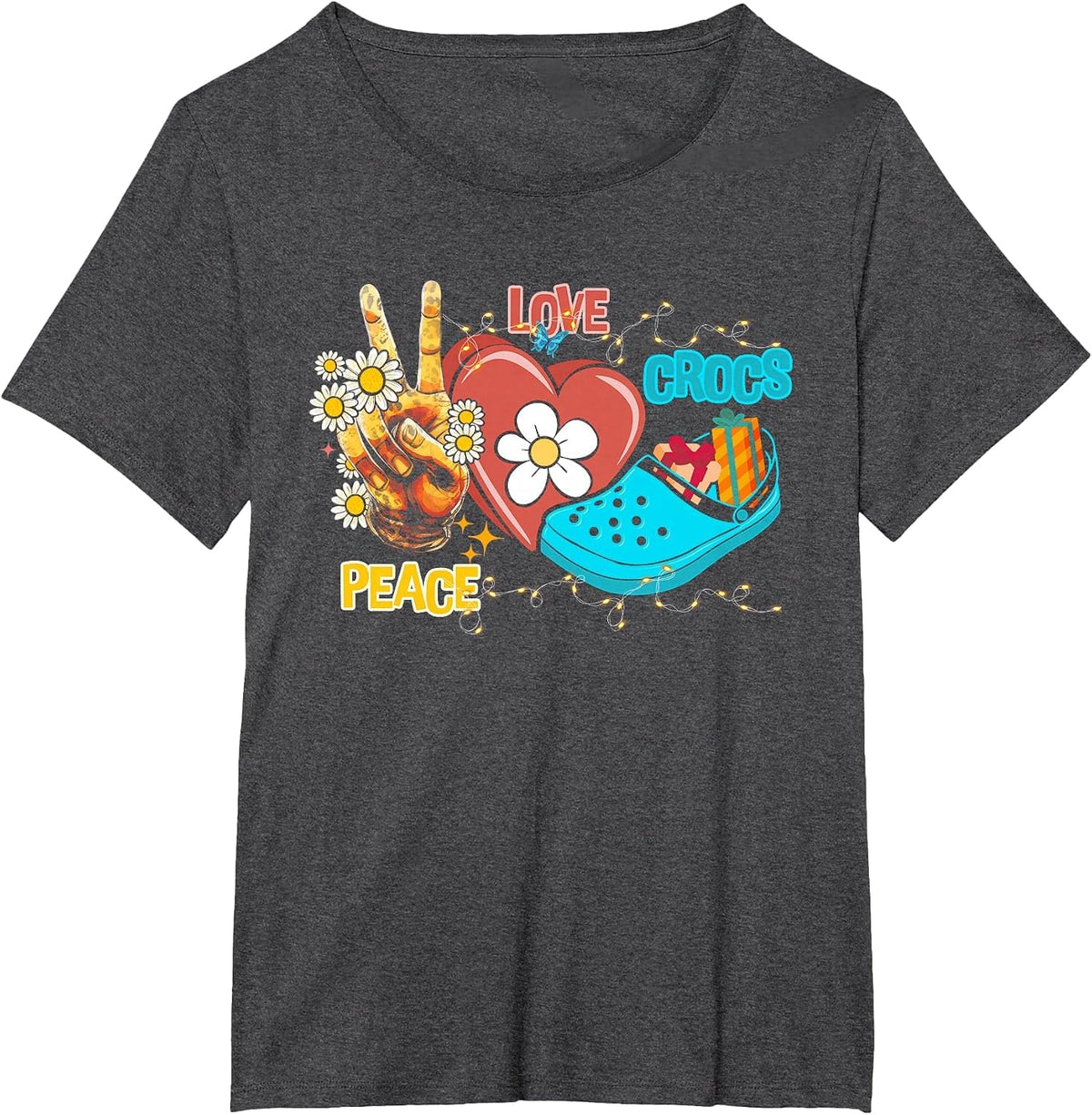 Skeleton Hand Peace Love-Crocs Family Xmas Pyjama Halloween T-Shirt - Dark Heather Grey