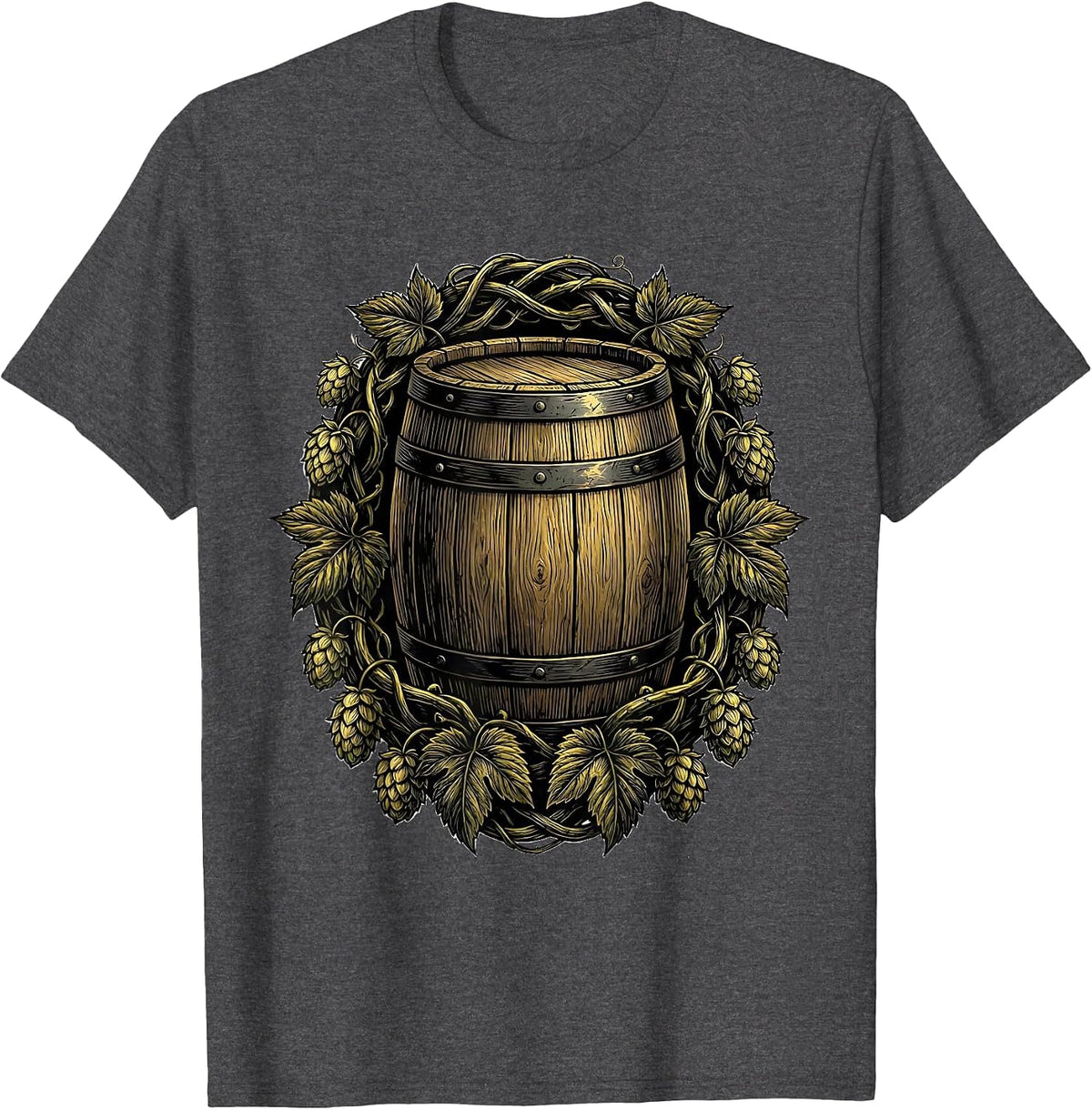 Hop Vines and Barrel Craft Beer Illustration T-Shirt - Dark Heather Grey