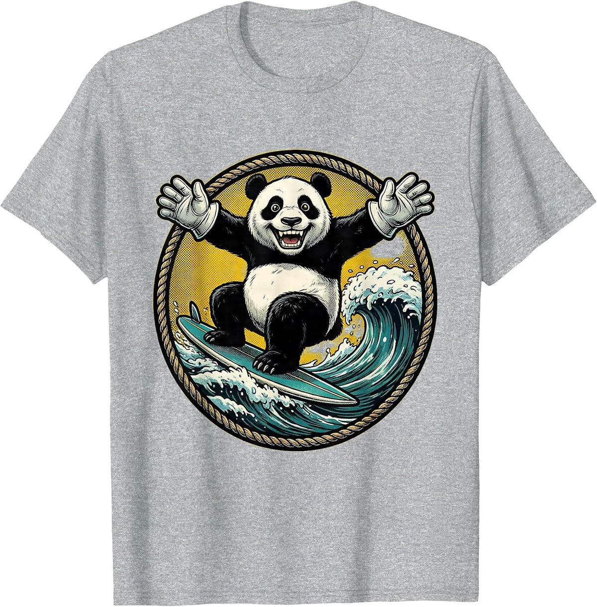 Men's Panda Surfing Ocean Wave Graphic Tee T-Shirt - Heather Grey