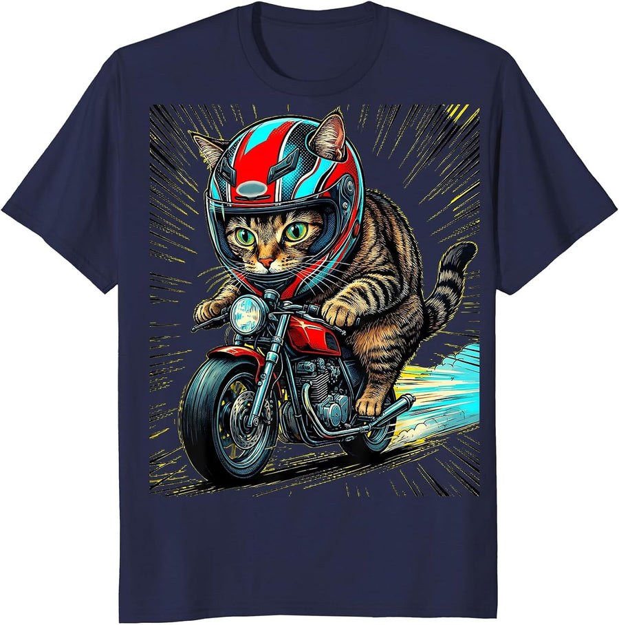 Cat Racing on a Tiny Motorcycle Graphic Tee T-Shirt - Navy Blue