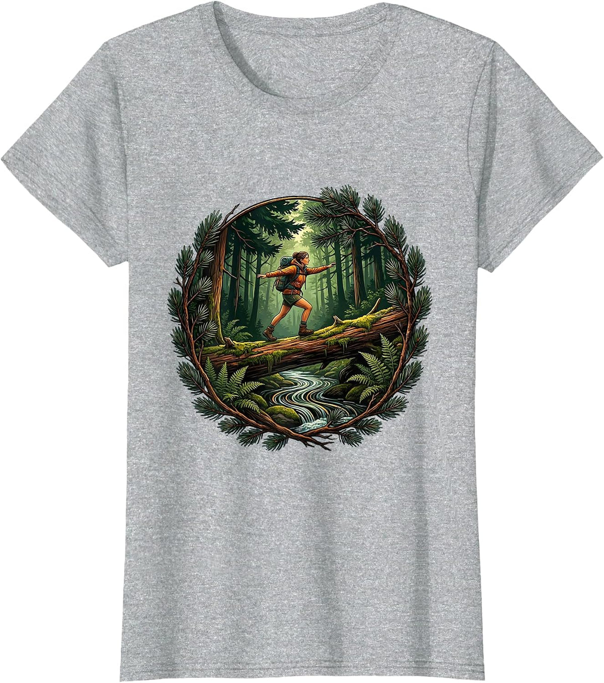Hiker Crossing Mossy Log Bridge Outdoor Art T-Shirt - Heather Grey