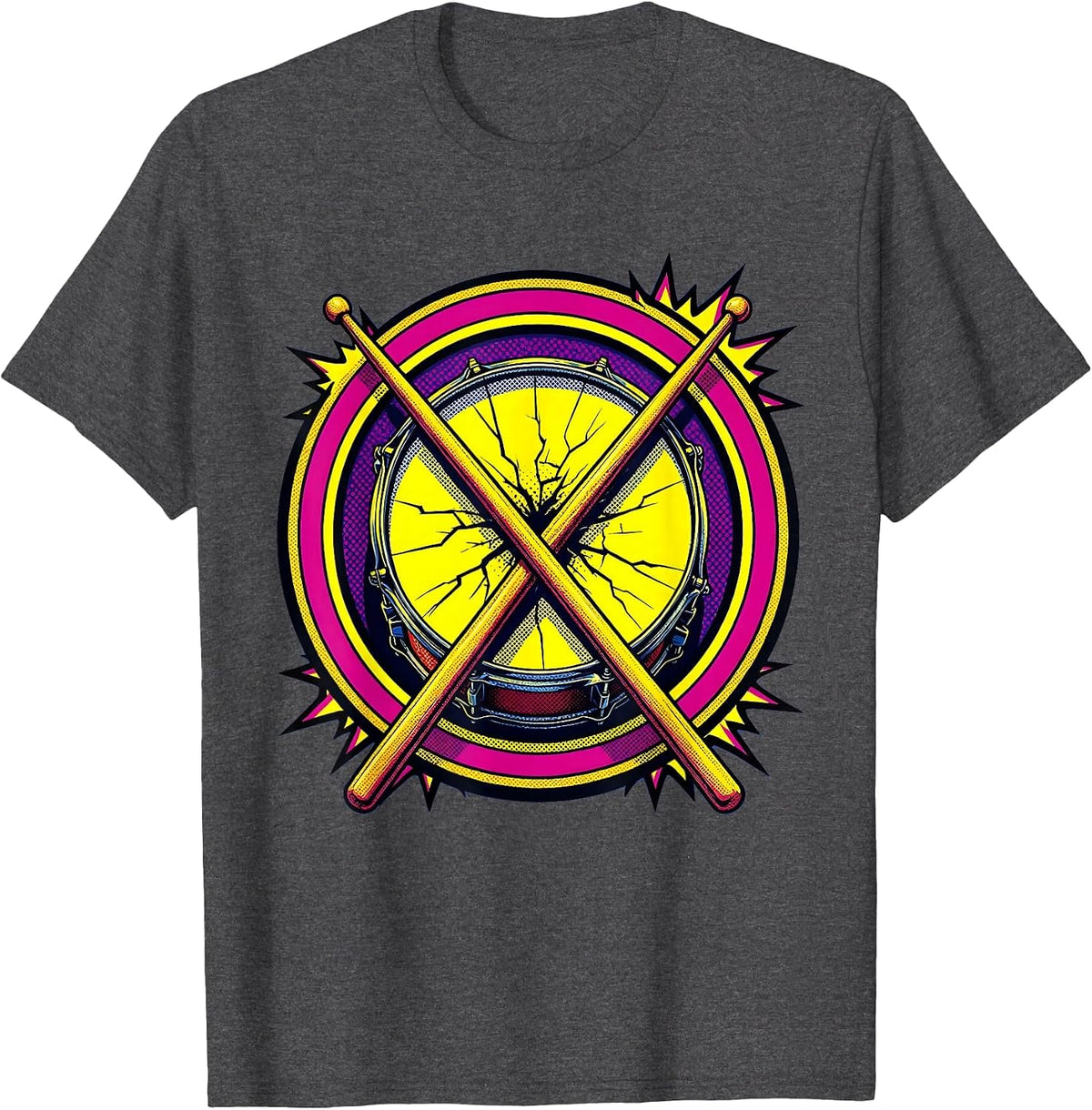 80s Rock Crossed Drumsticks Cracked Snare Drum T-Shirt - Dark Heather Grey