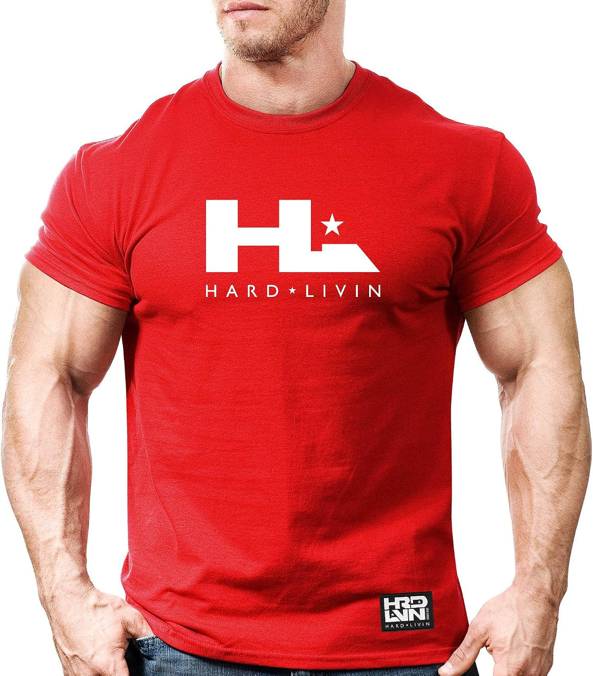 Monsta Clothing Co. Men's Bodybuilding Workout (HardLivin-HL-icon) Gym T-Shirt - Red Tee\/Wt Art