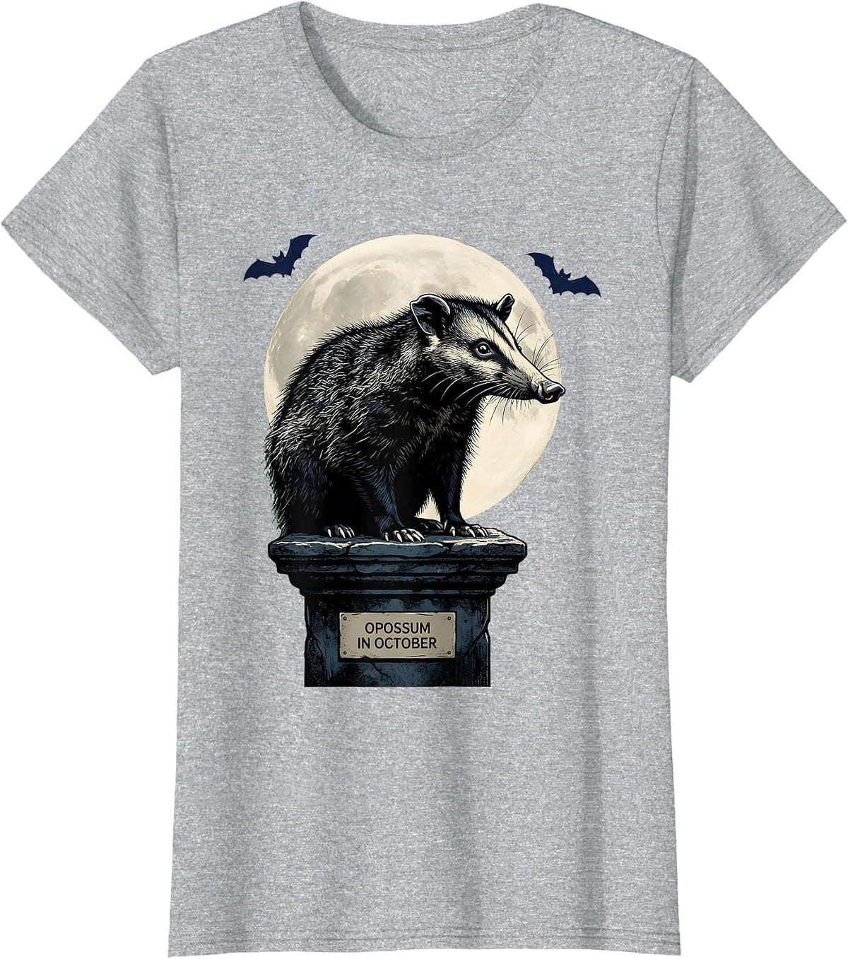 Opossum in October Vintage Gothic Halloween Spooky Moon T-Shirt - Heather Grey